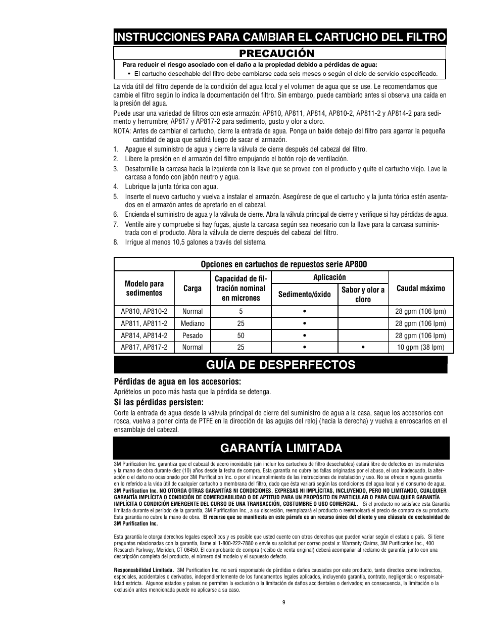 Garantía limitada, Guía de desperfectos, Instrucciones para cambiar el cartucho del filtro | Precaución | Aqua-Pure AP802 User Manual | Page 10 / 16