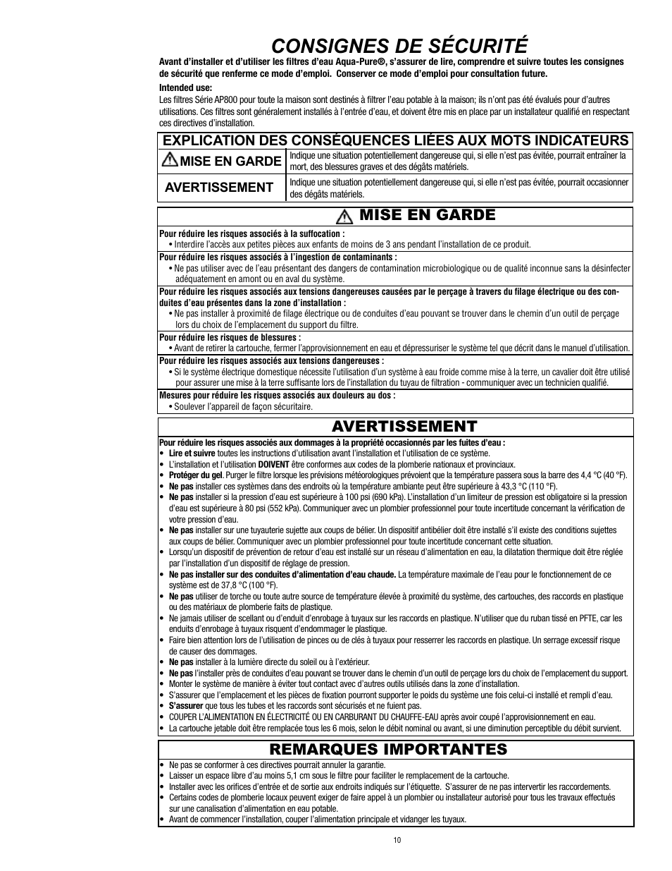 Consignes de sécurité, Mise en garde avertissement remarques importantes, Mise en garde avertissement | Aqua-Pure AP802 User Manual | Page 11 / 16