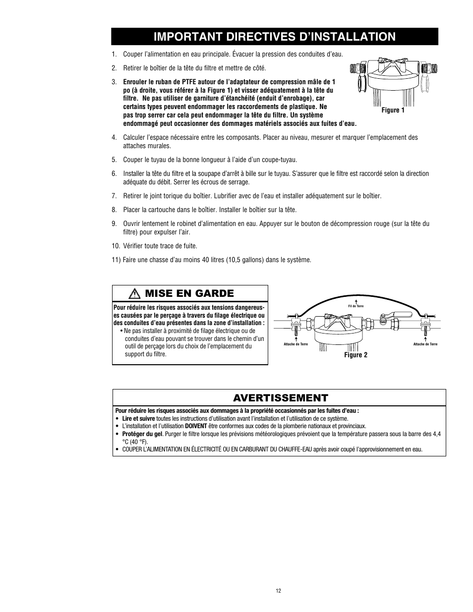 Important directives d’installation, Mise en garde avertissement | Aqua-Pure AP802 User Manual | Page 13 / 16