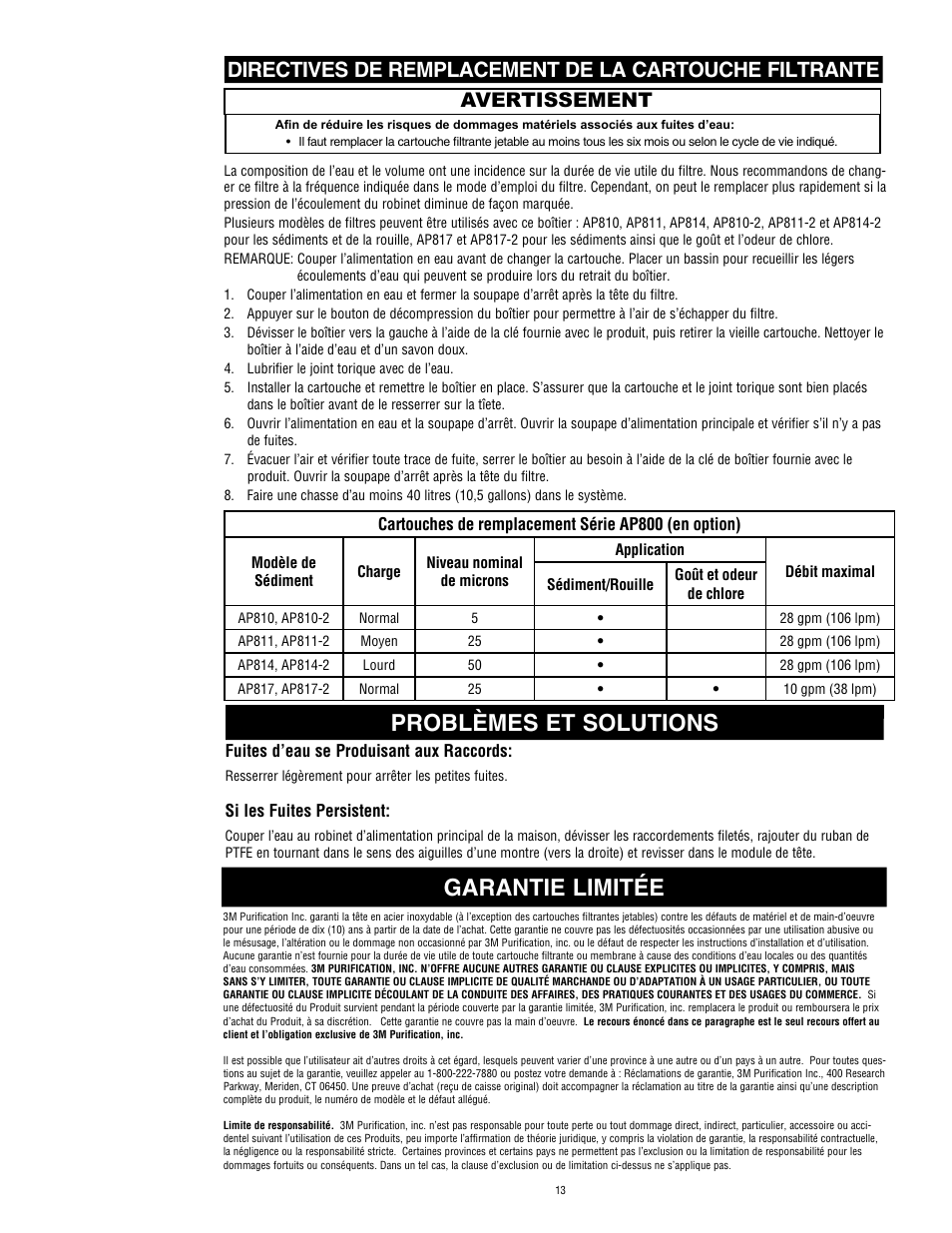 Garantie limitée, Problèmes et solutions, Avertissement | Fuites d’eau se produisant aux raccords, Si les fuites persistent, Cartouches de remplacement série ap800 (en option) | Aqua-Pure AP802 User Manual | Page 14 / 16