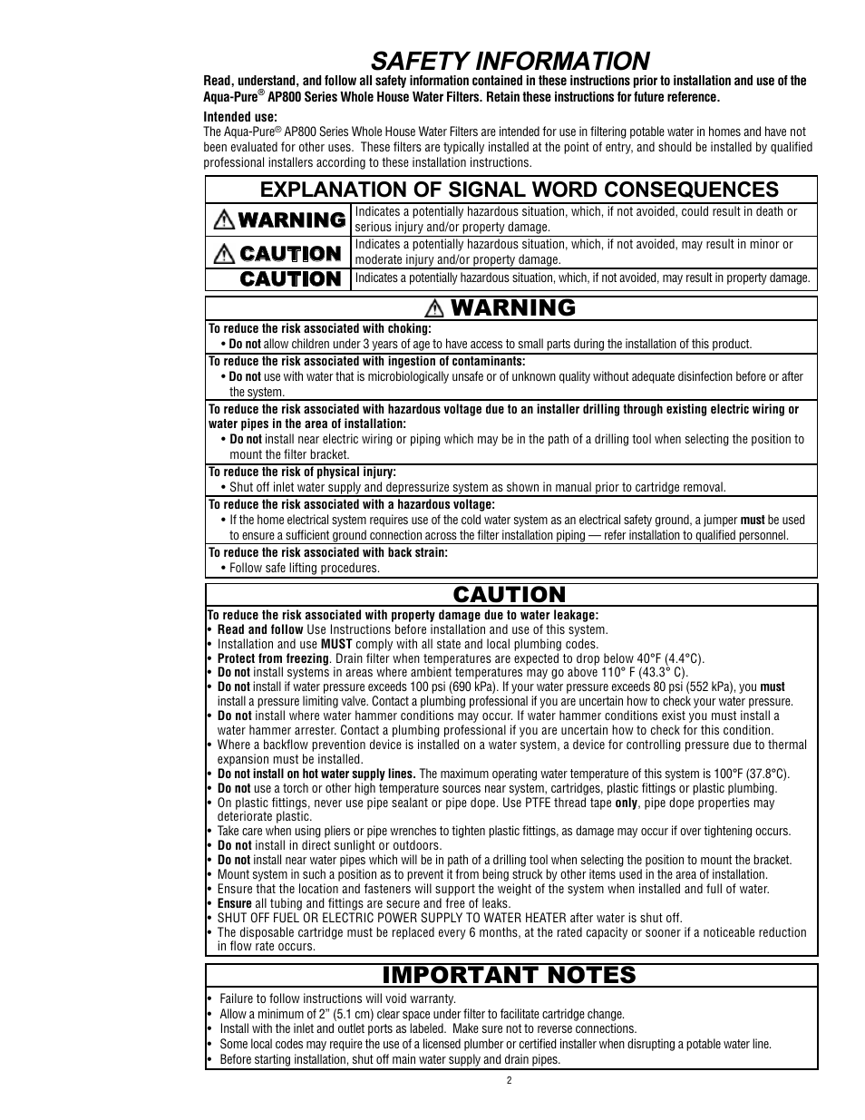 Safety information, Warning, Caution | Explanation of signal word consequences, Caution warning | Aqua-Pure AP802 User Manual | Page 3 / 16