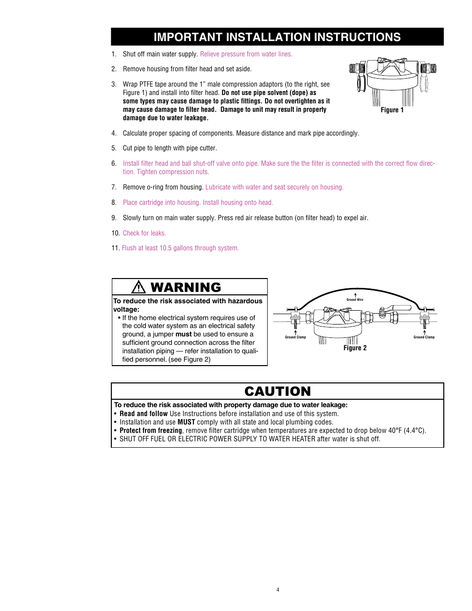Caution warning, Important installation instructions | Aqua-Pure AP802 User Manual | Page 5 / 16