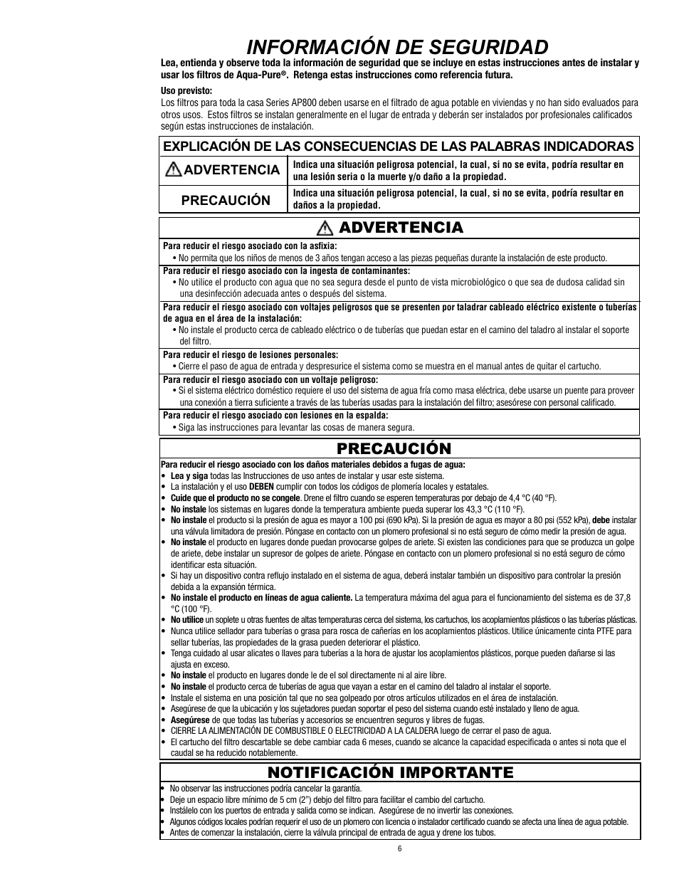 Información de seguridad, Advertencia precaución notificación importante | Aqua-Pure AP802 User Manual | Page 7 / 16