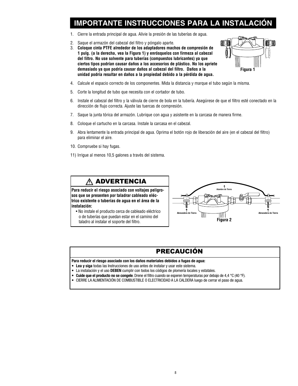 Importante instrucciones para la instalación, Advertencia precaución | Aqua-Pure AP802 User Manual | Page 9 / 16