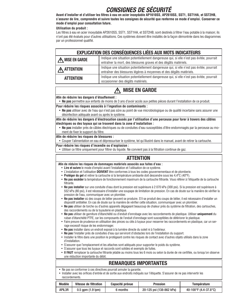 Consignes de sécurité, Mise en garde, Attention | Remarques importantes | Aqua-Pure APIL3R User Manual | Page 6 / 8