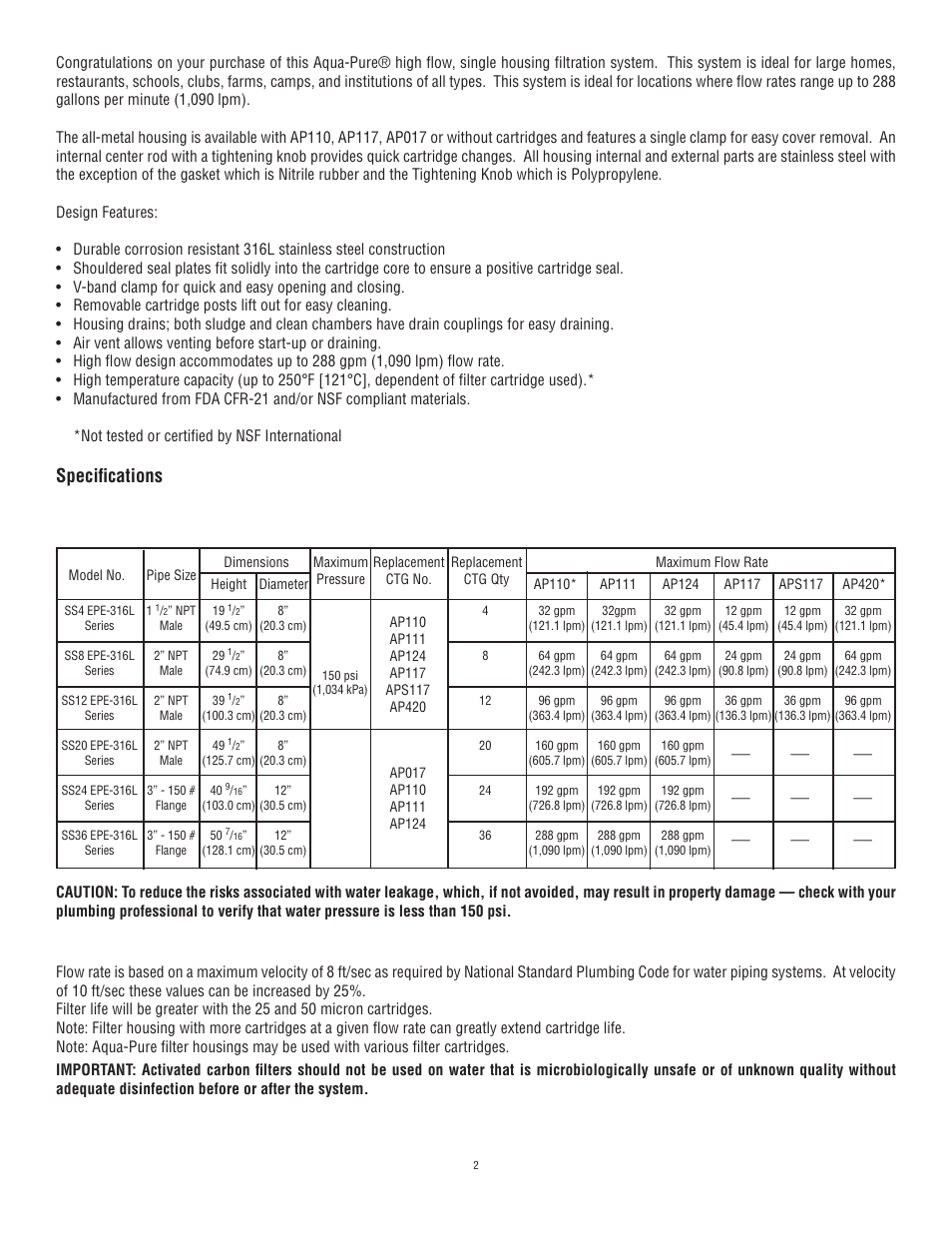 Specifi cations | Aqua-Pure SS20 EPE-316L User Manual | Page 2 / 8