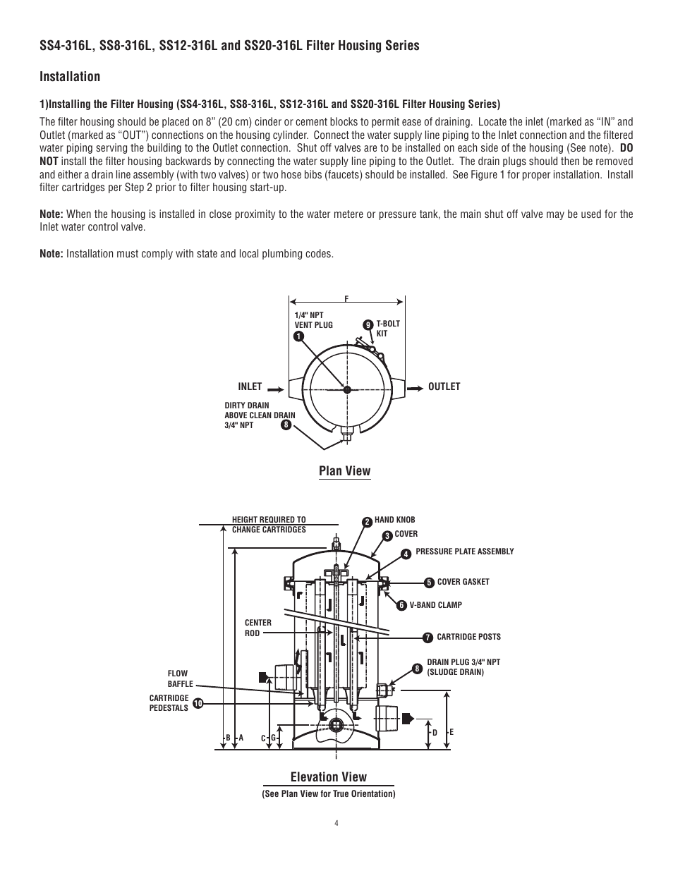 Elevation view, Plan view | Aqua-Pure SS20 EPE-316L User Manual | Page 4 / 8