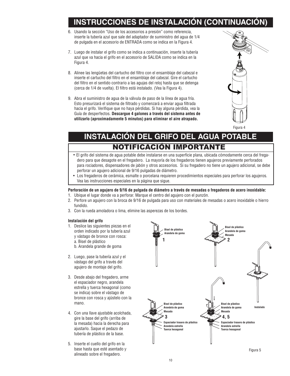 Instrucciones de instalación (continuación), Instalación del grifo del agua potable, Notificación importante | Aqua-Pure Complete User Manual | Page 11 / 20