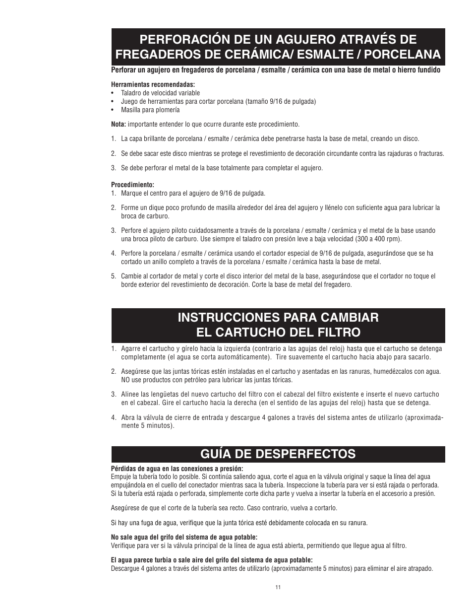 Instrucciones para cambiar el cartucho del filtro, Guía de desperfectos | Aqua-Pure Complete User Manual | Page 12 / 20