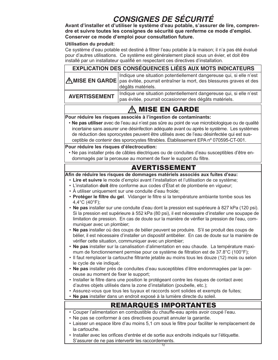 Consignes de sécurité, Mise en garde avertissement remarques importantes | Aqua-Pure Complete User Manual | Page 13 / 20