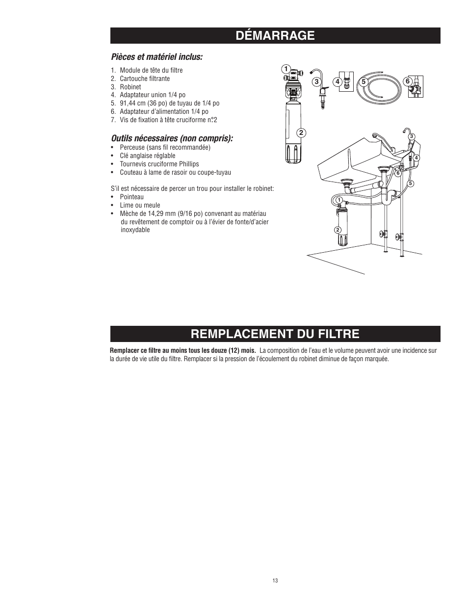 Démarrage remplacement du filtre, Pièces et matériel inclus, Outils nécessaires (non compris) | Aqua-Pure Complete User Manual | Page 14 / 20