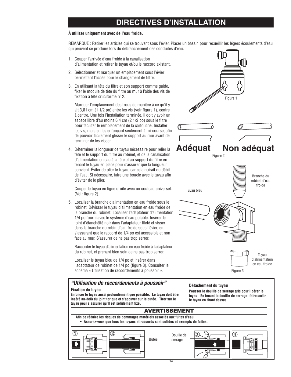 Adéquat non adéquat, Directives d’installation, Utilisation de raccordements à poussoir | Aqua-Pure Complete User Manual | Page 15 / 20