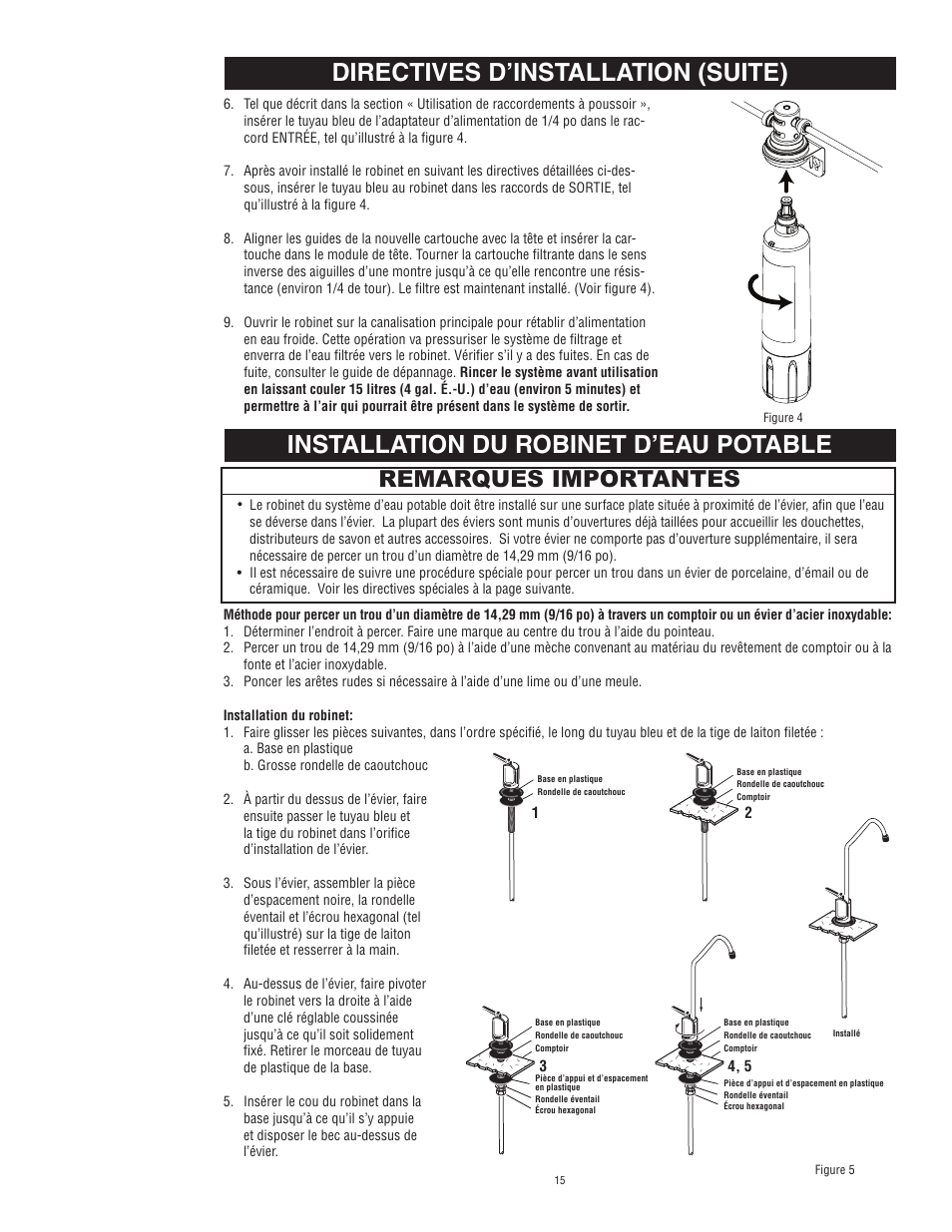 Directives d’installation (suite), Installation du robinet d’eau potable, Remarques importantes | Aqua-Pure Complete User Manual | Page 16 / 20