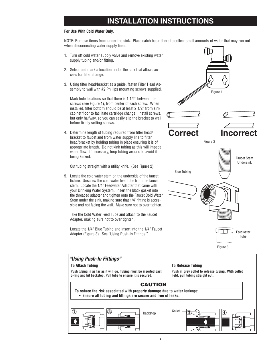 Correct incorrect, Installation instructions, Using push-in fittings | Aqua-Pure Complete User Manual | Page 5 / 20