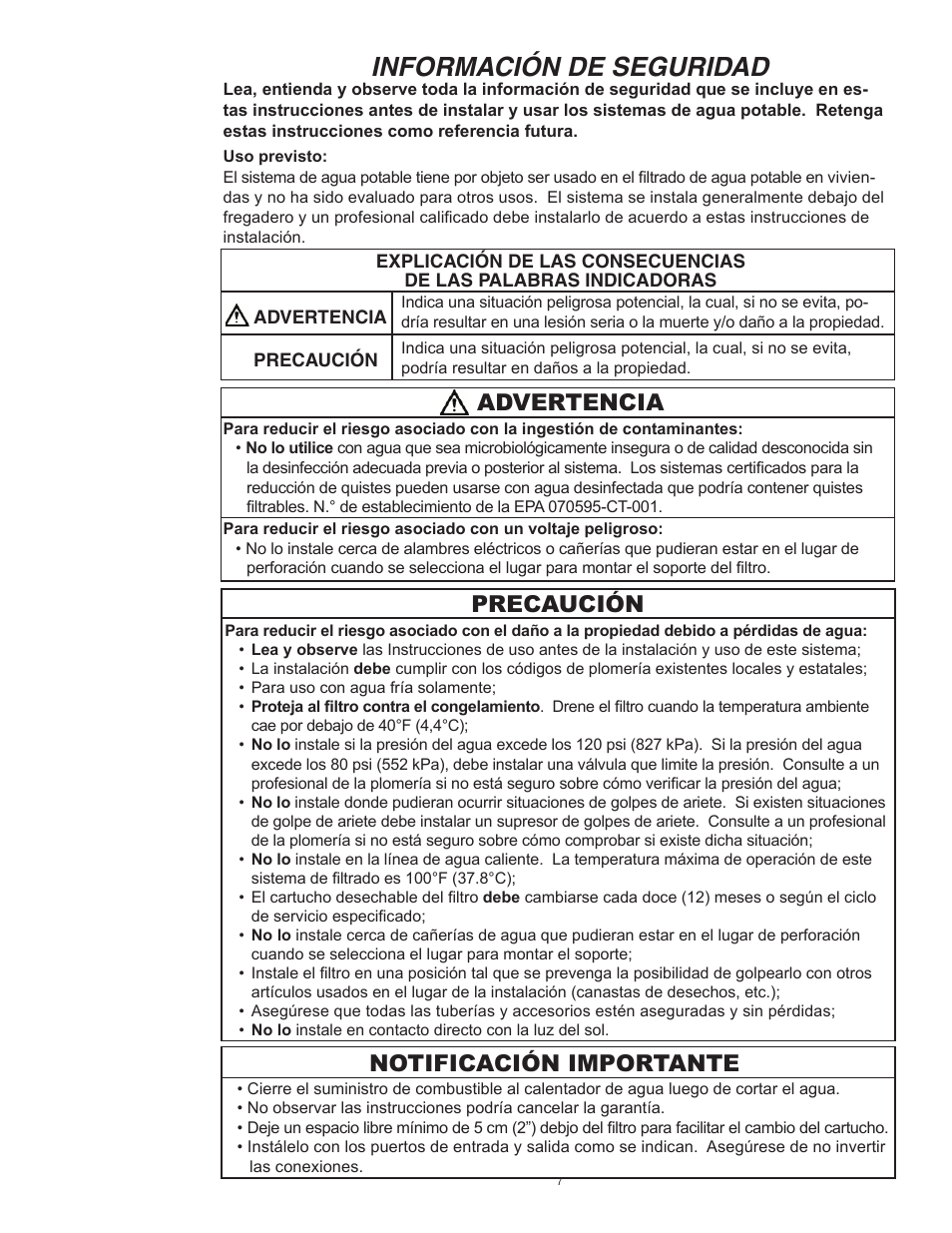 Información de seguridad, Advertencia precaución notificación importante | Aqua-Pure Complete User Manual | Page 8 / 20