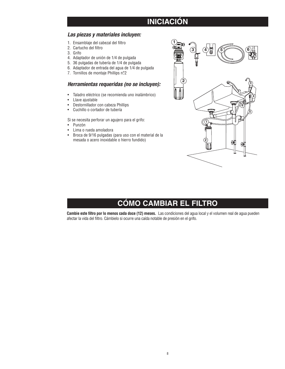 Iniciación cómo cambiar el filtro, Las piezas y materiales incluyen, Herramientas requeridas (no se incluyen) | Aqua-Pure Complete User Manual | Page 9 / 20