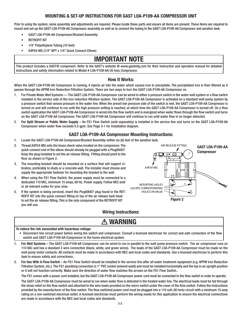 Warning, How it works, Gast loa-p109-aa compressor mounting instructions | Wiring instructions | Aqua-Pure APPM150 User Manual | Page 8 / 32
