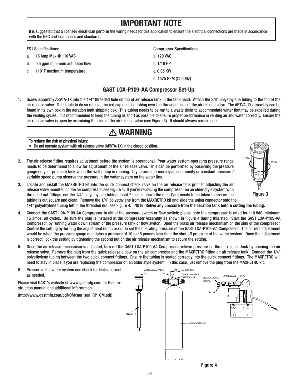 Warning, Gast loa-p109-aa compressor set-up | Aqua-Pure APPM150 User Manual | Page 9 / 32