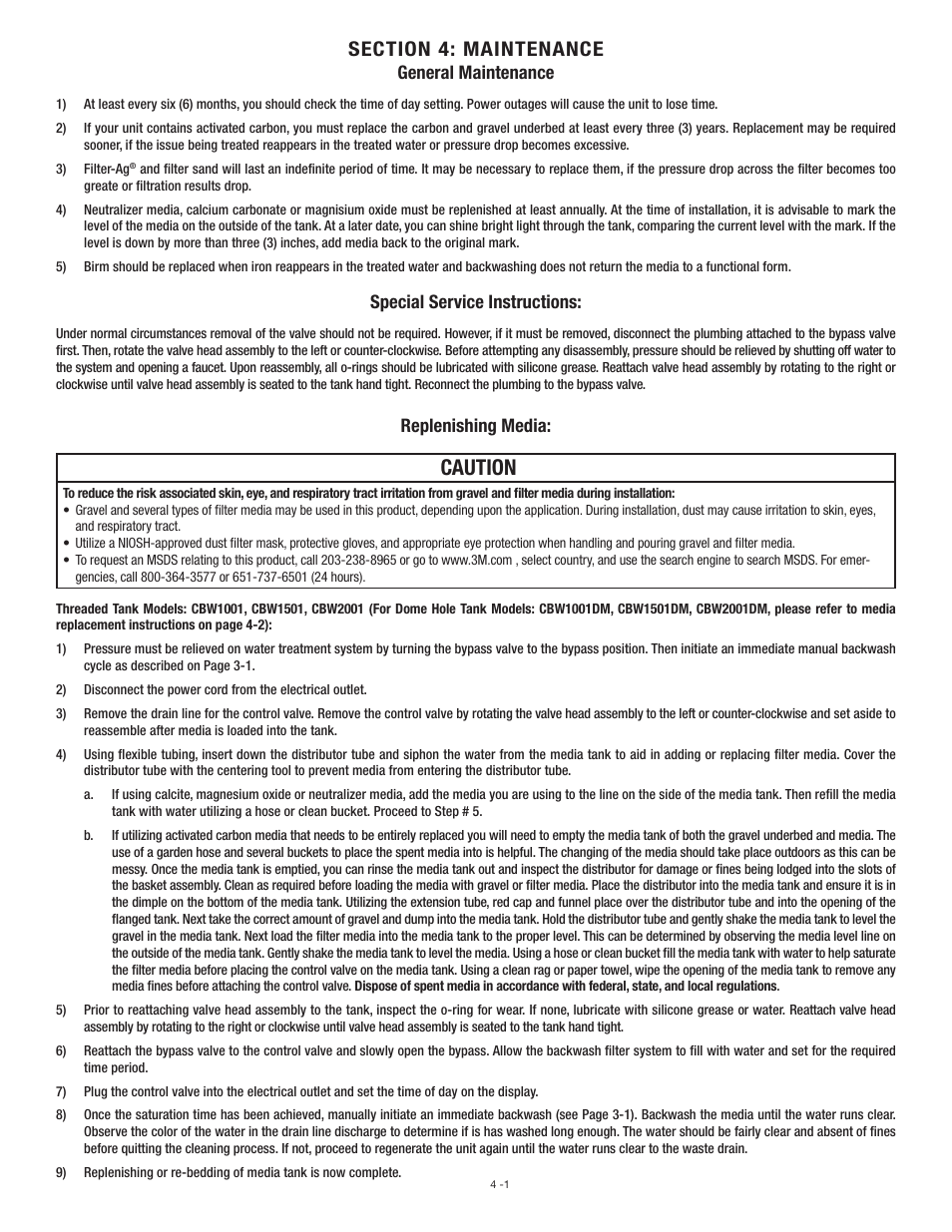 Caution, General maintenance, Special service instructions | Replenishing media | Aqua-Pure CBW1001 User Manual | Page 13 / 20