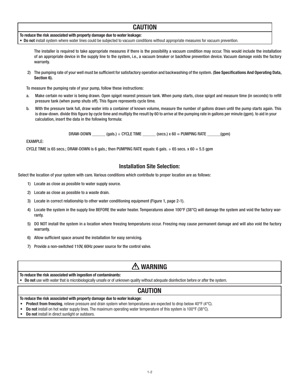 Caution, Warning, Installation site selection | Aqua-Pure CBW1001 User Manual | Page 6 / 20