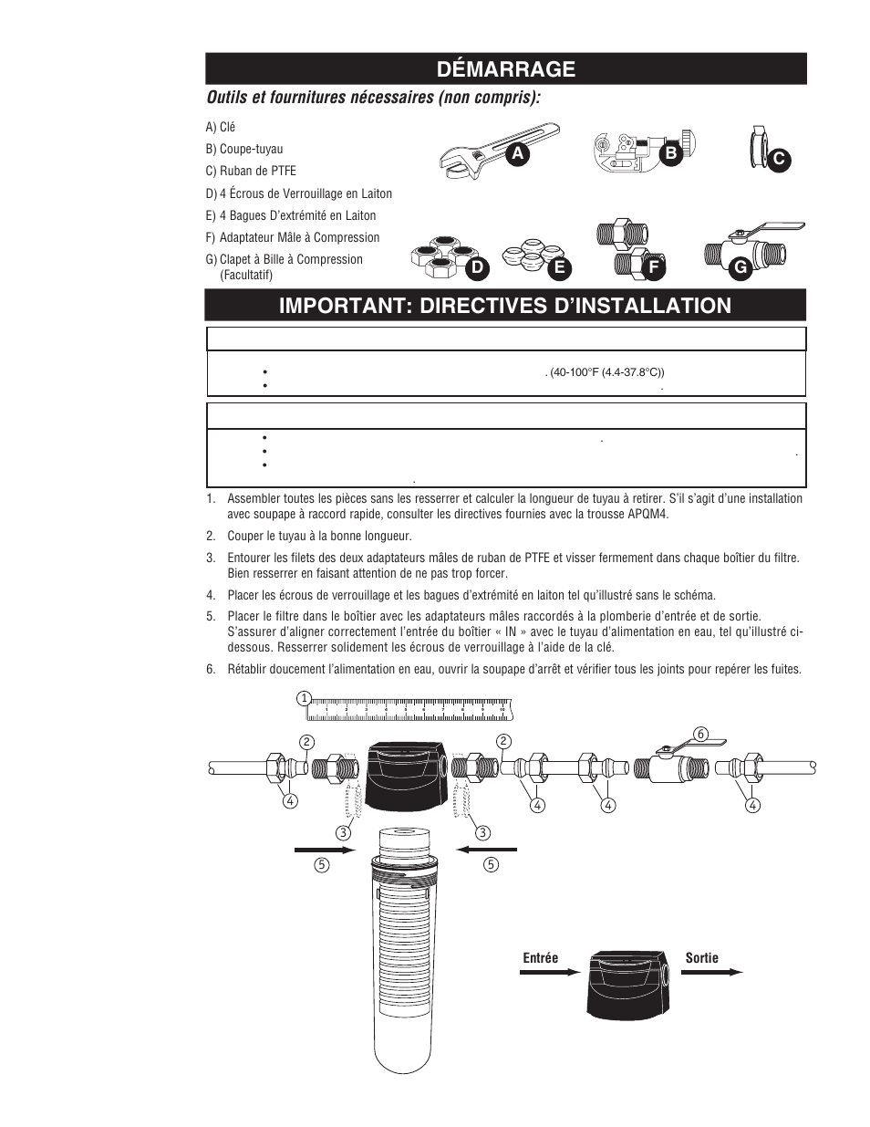 Démarrage, Important: directives d’installation, Avertissement remarques importantes | Outils et fournitures nécessaires (non compris) | Aqua-Pure AP102T User Manual | Page 12 / 16