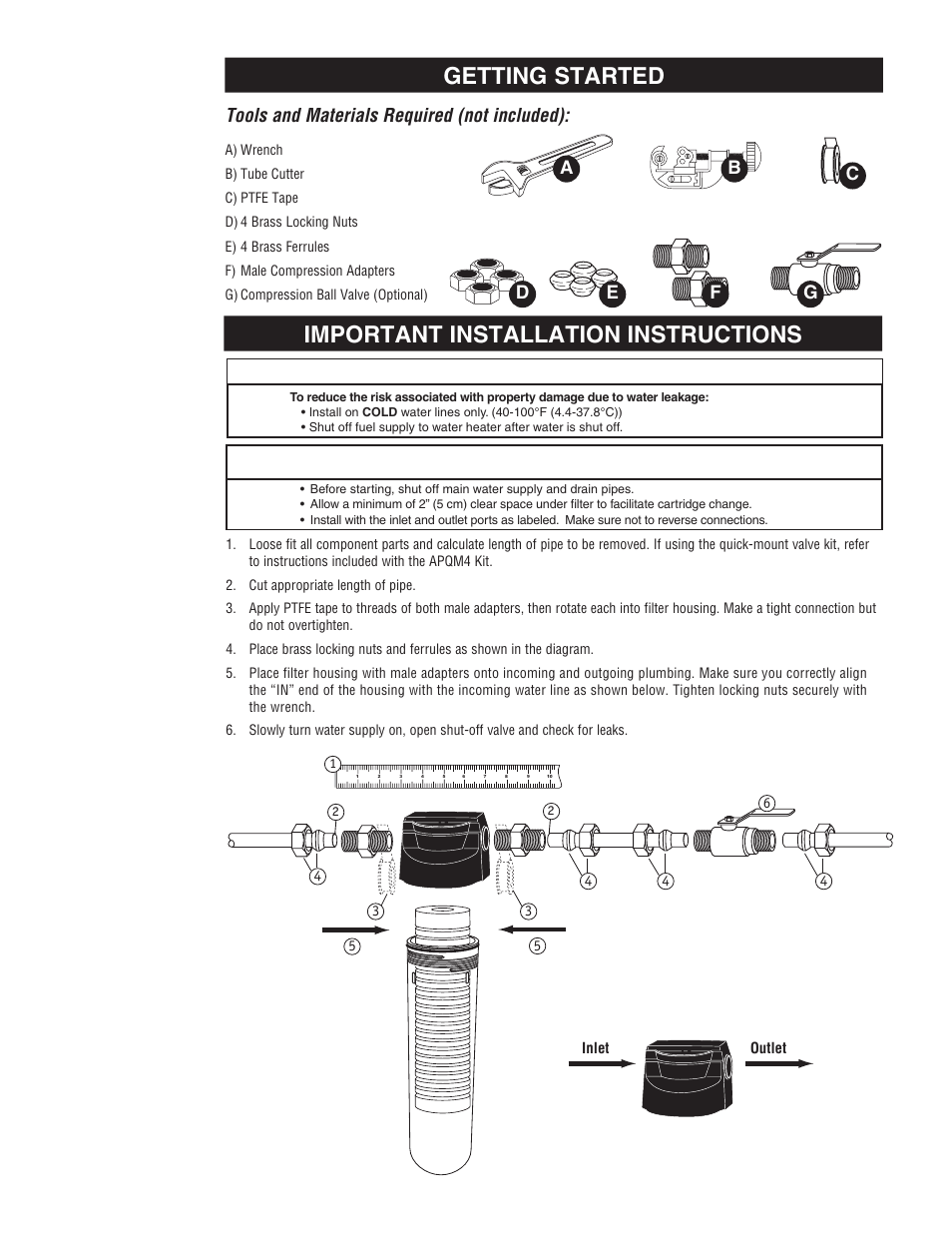 Getting started, Important installation instructions, Caution | Tools and materials required (not included) | Aqua-Pure AP102T User Manual | Page 4 / 16