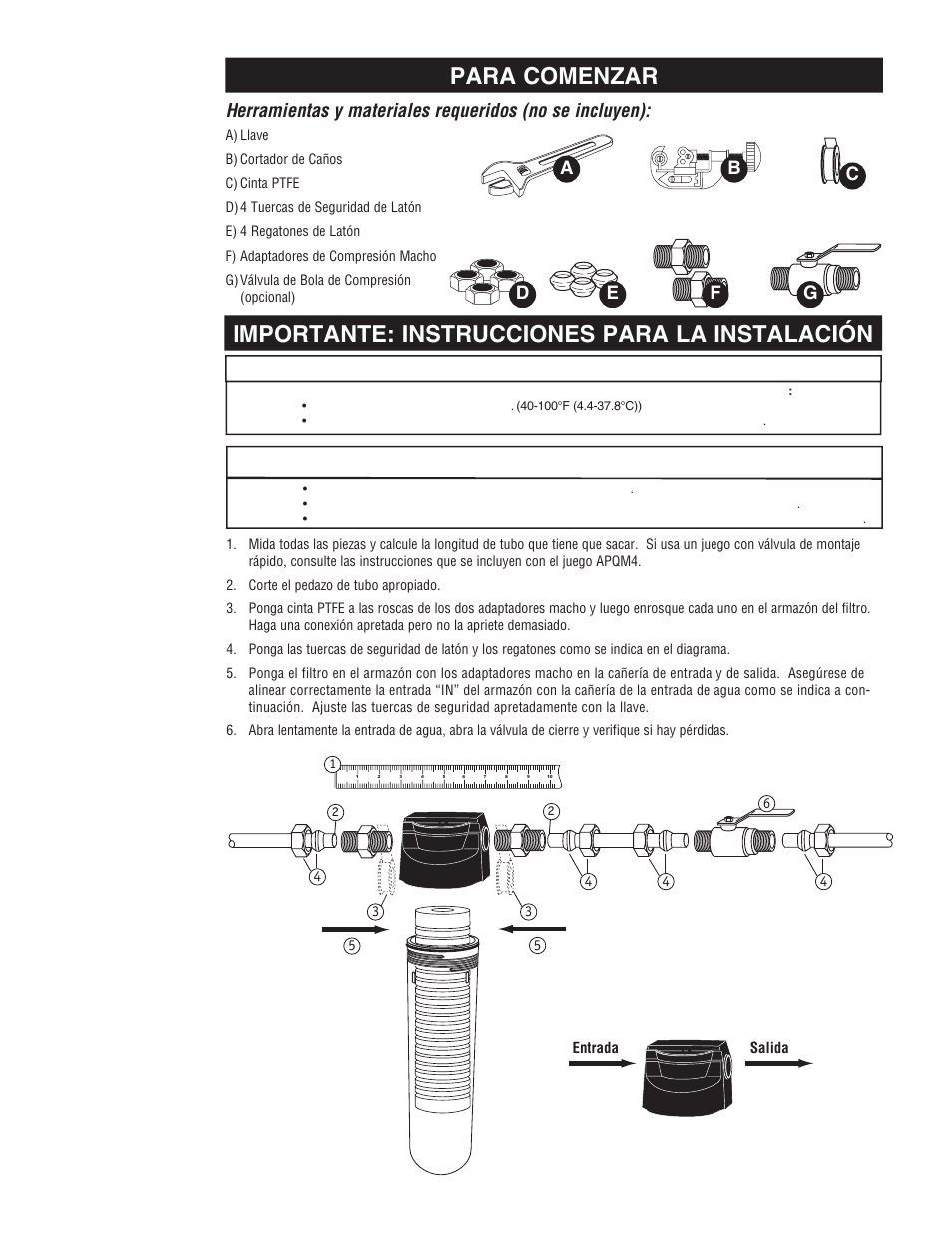 Para comenzar, Importante: instrucciones para la instalación, Precaución notificación importante | Aqua-Pure AP102T User Manual | Page 8 / 16