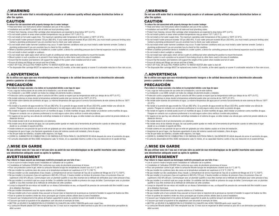 Caution, Warning, Precaución advertencia | Avertissement mise en garde | Aqua-Pure AP917HD User Manual | Page 2 / 2