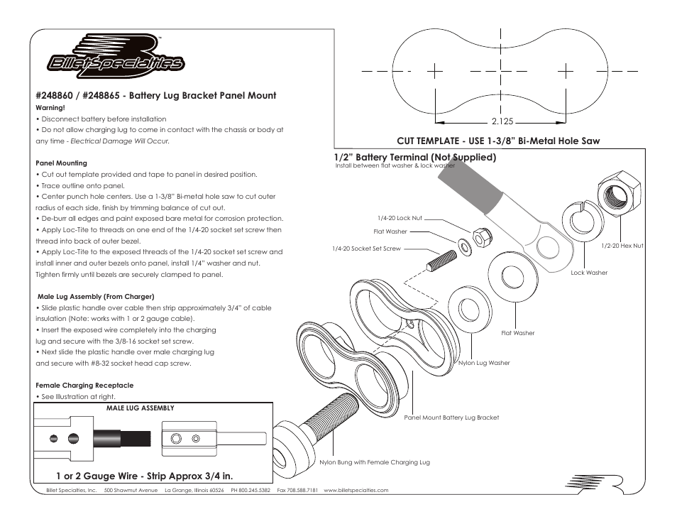 Billet Specialties 248865 - Battery Lug Bracket Panel Mount User Manual | 1 page