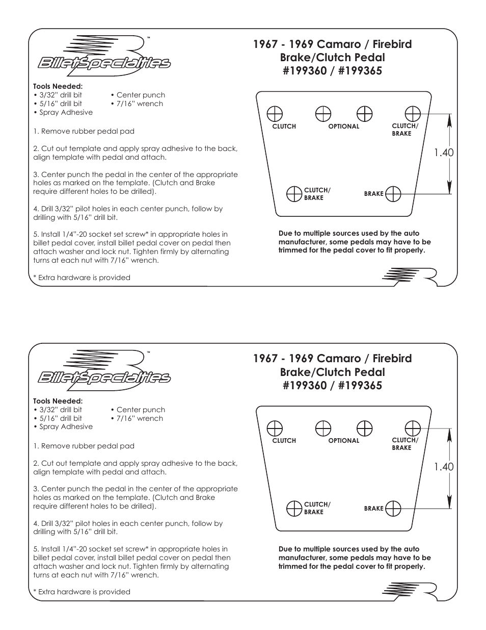 Billet Specialties Brake/Clutch Pedal 199360 User Manual | 1 page