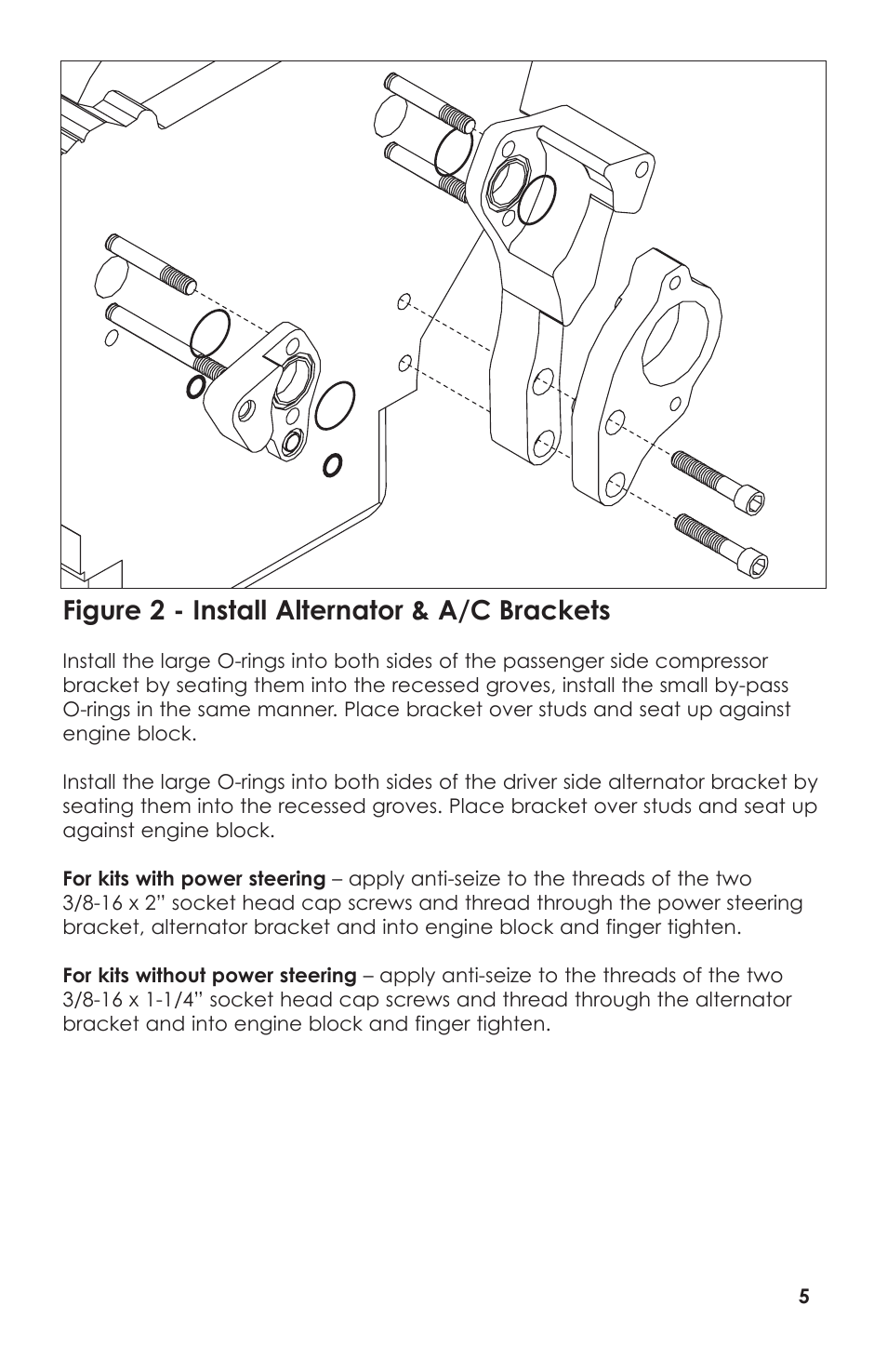 Figure 2 - install alternator & a/c brackets | Billet Specialties V-Trac Pulley System - Small Block Chevy User Manual | Page 5 / 12