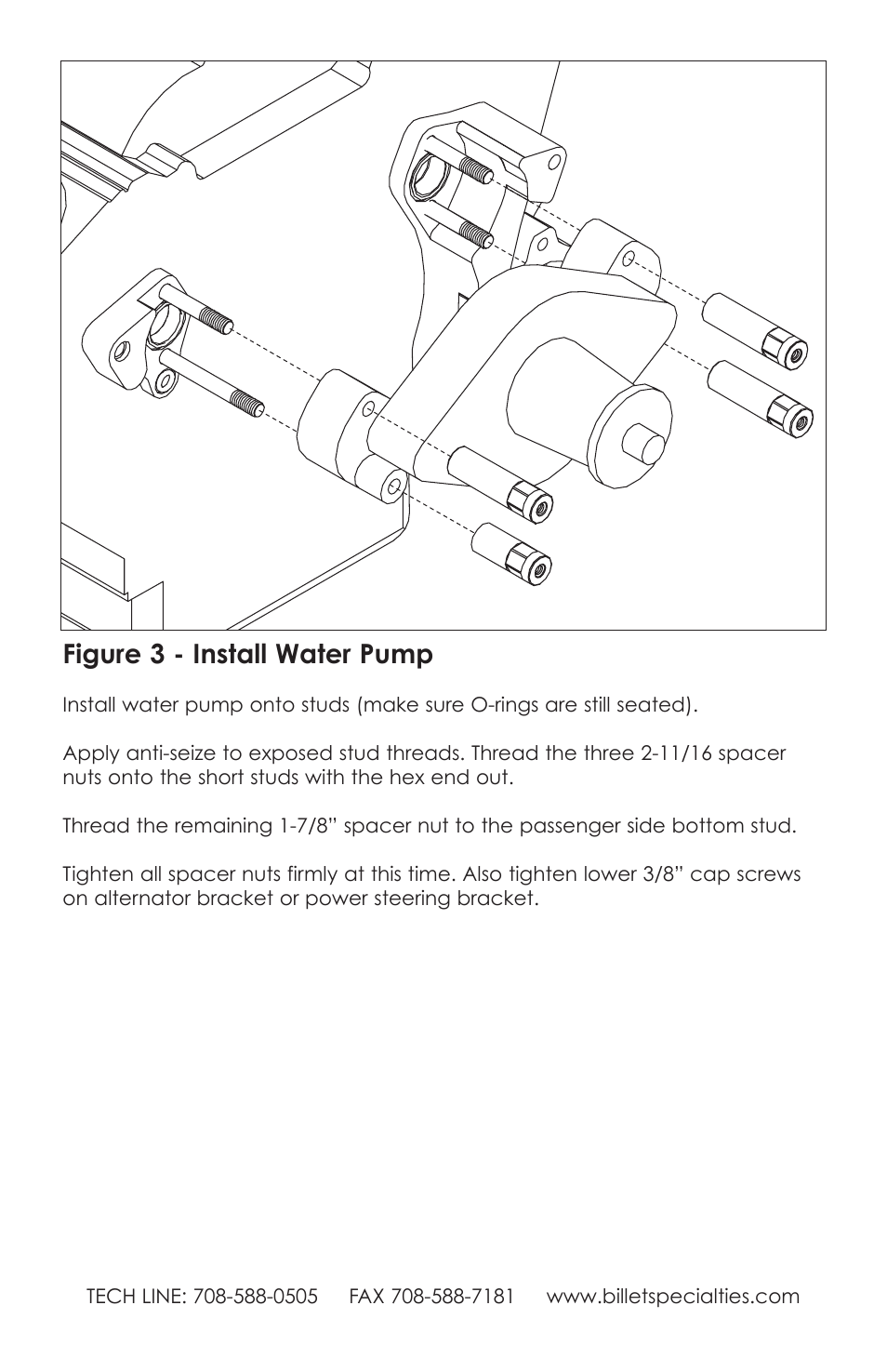 Figure 3 - install water pump | Billet Specialties V-Trac Pulley System - Small Block Chevy User Manual | Page 6 / 12