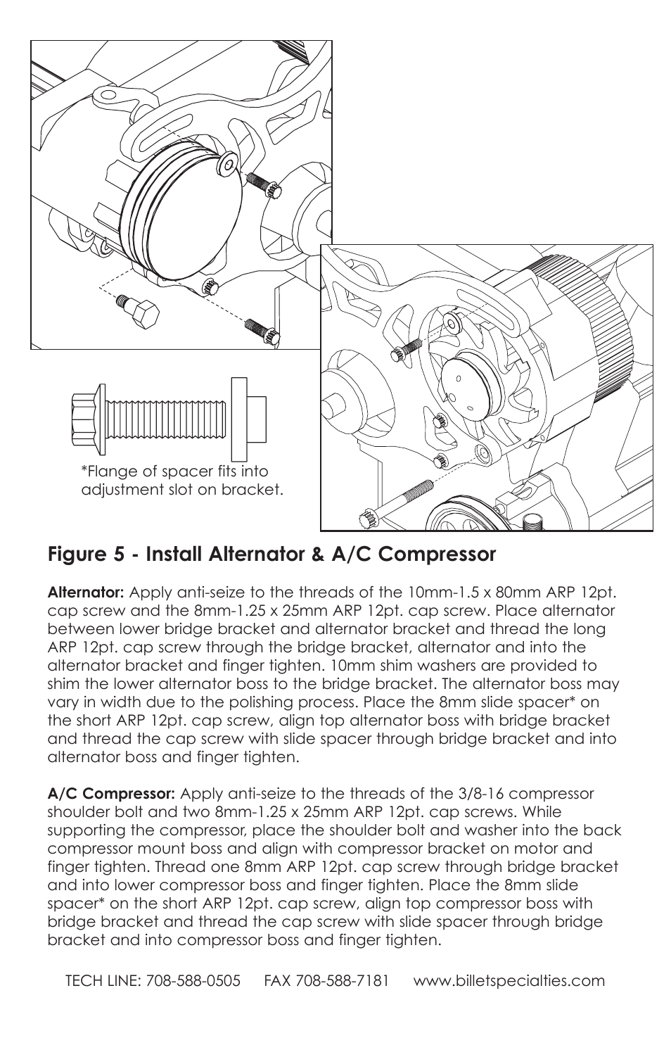 Figure 5 - install alternator & a/c compressor | Billet Specialties V-Trac Pulley System - Small Block Chevy User Manual | Page 8 / 12