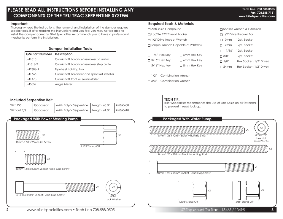Billet Specialties Tru Trac Serpentine System - LS7 (Top Mount) User Manual | Page 2 / 11