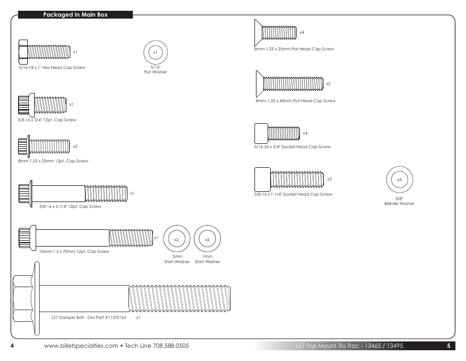 10mm x 16mm shim washer, 3/8” belleville washer, 5/16” flat washer | Billet Specialties Tru Trac Serpentine System - LS7 (Top Mount) User Manual | Page 3 / 11