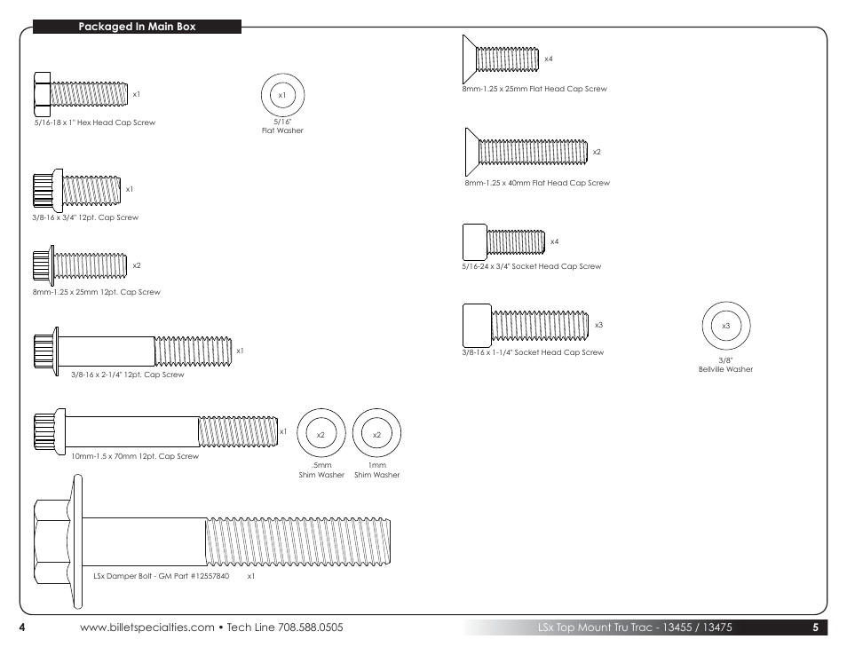 10mm x 16mm shim washer, 3/8” belleville washer, 5/16” flat washer | Billet Specialties Tru Trac Serpentine System - LS (Top Mount) User Manual | Page 3 / 11
