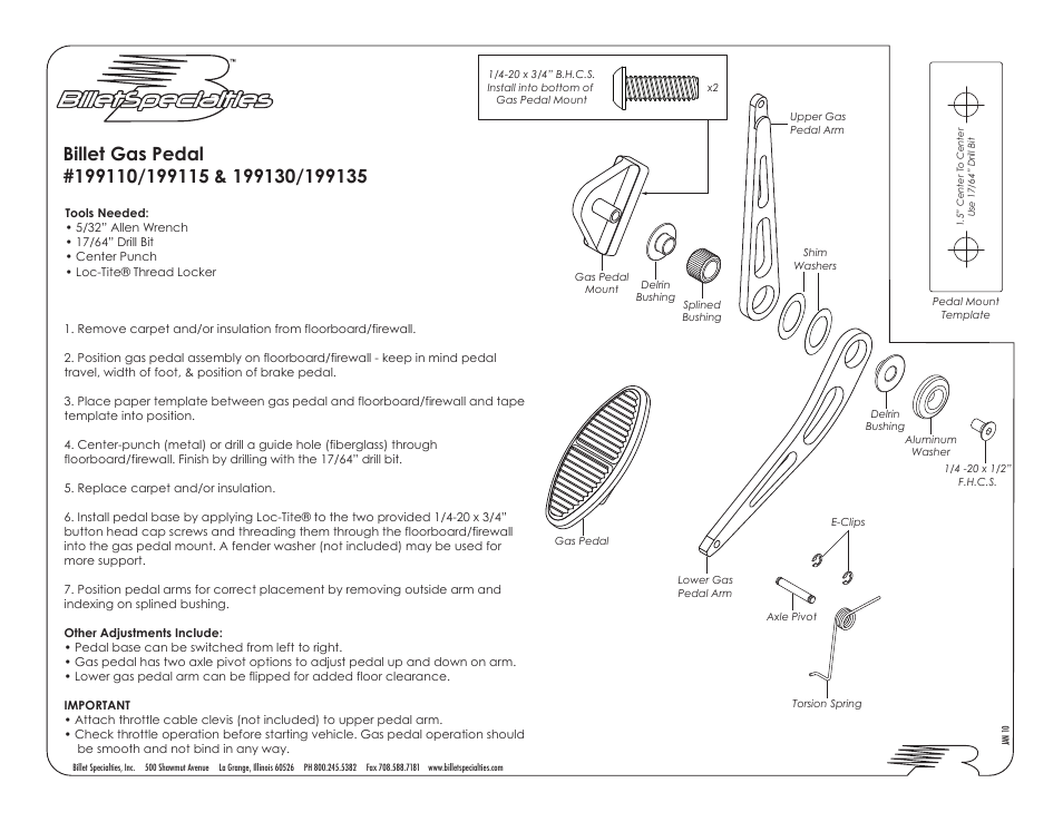 Billet Specialties Gas Pedal Assembly - Street Rod - Oval User Manual | 1 page