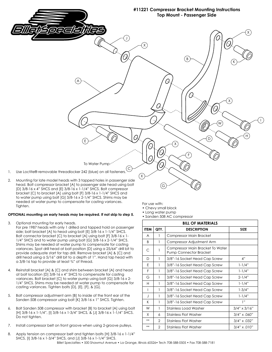 Billet Specialties 11221 Compressor Bracket User Manual | 1 page