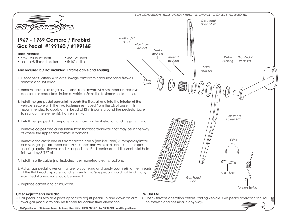 Billet Specialties Gas Pedal 199160 User Manual | 1 page