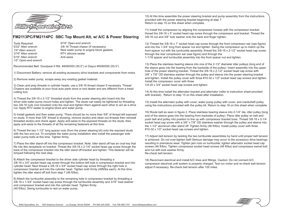 Billet Specialties Serpentine Conversion - SBC - Top Mount Alt, AC, & P__S User Manual | 7 pages