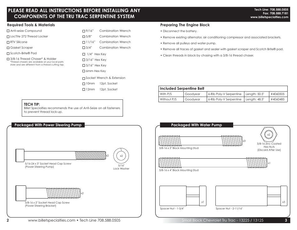 Billet Specialties Premium Tru Trac Serpentine System - Small Block Chevy User Manual | Page 2 / 9