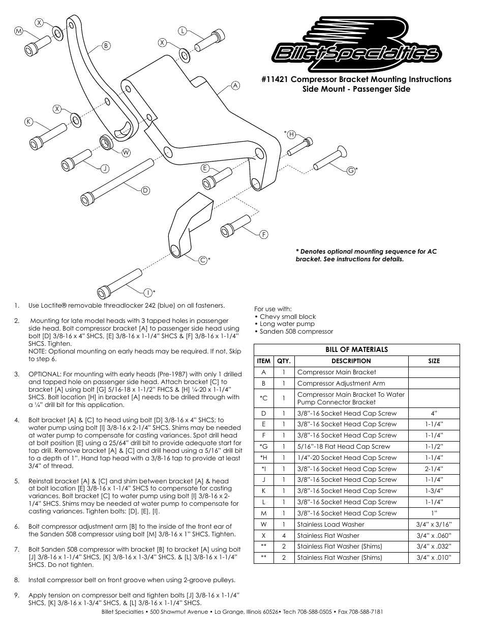 Billet Specialties 11421 Compressor Bracket User Manual | 1 page