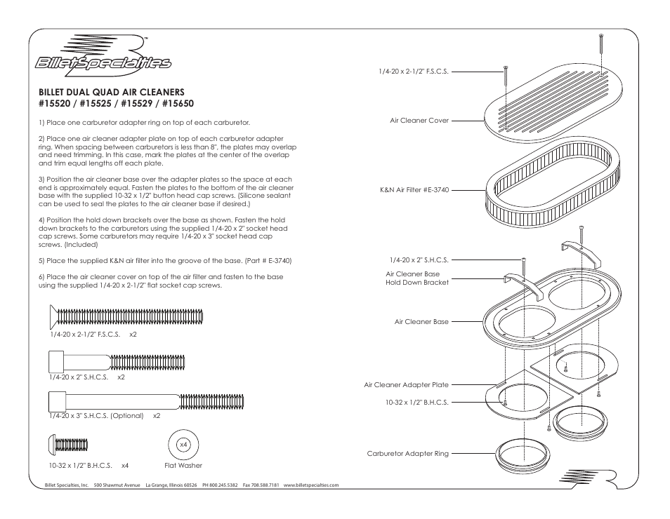 Billet Specialties Dual Quad 15520 User Manual | 1 page