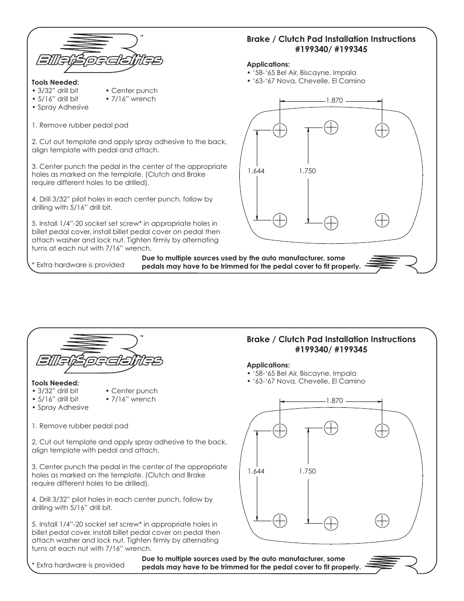 Billet Specialties Brake / Clutch Pad 199340 User Manual | 1 page