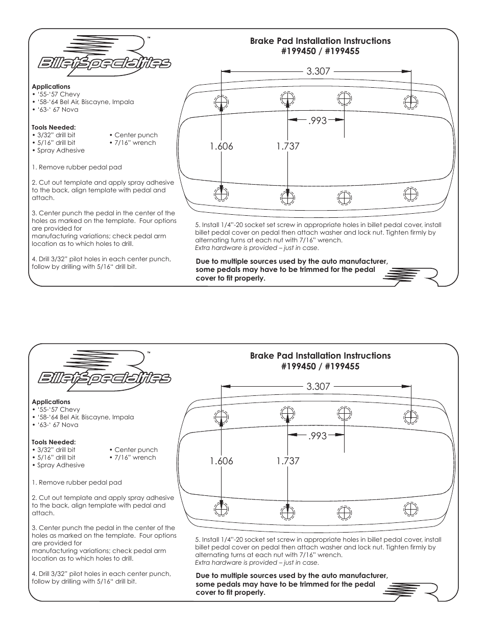 Billet Specialties Brake Pedal - 55-57 Chevy (Non-Power Brake) User Manual | 1 page