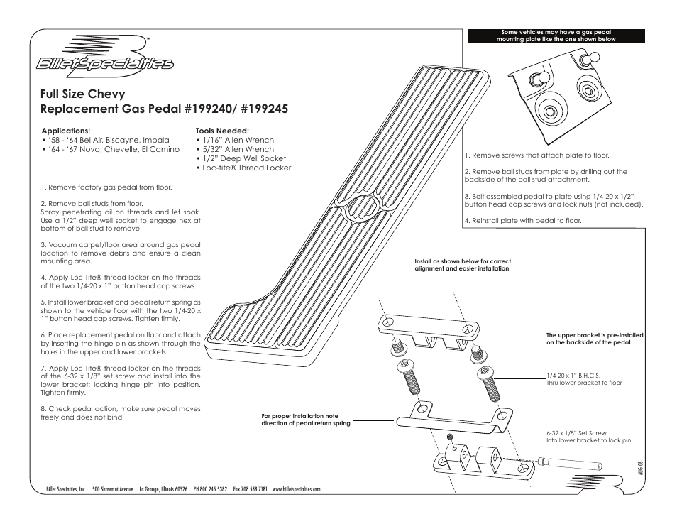 Billet Specialties Full Size Chevy Replacement Gas Pedal #199240 User Manual | 1 page