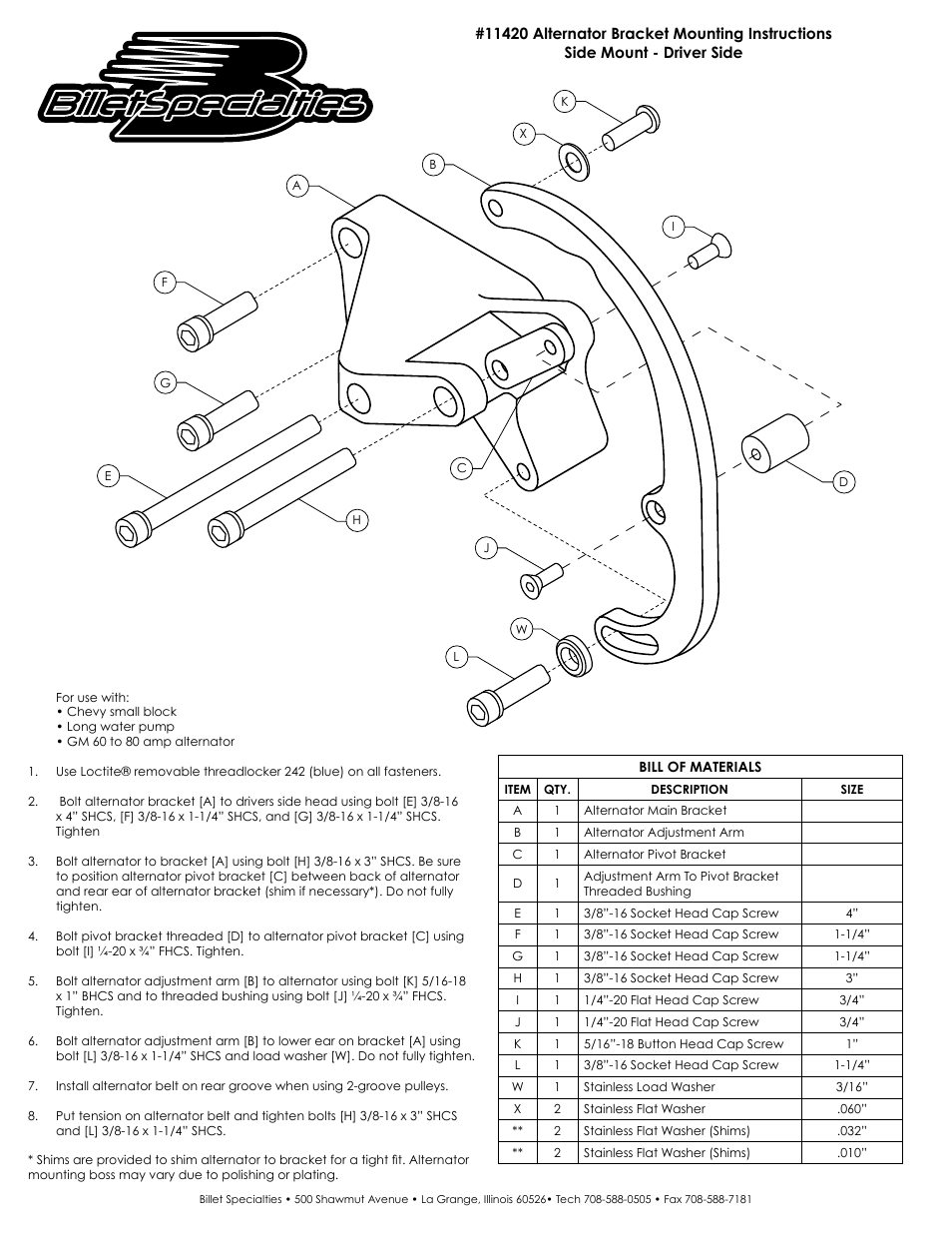 Billet Specialties 11420 Alternator Bracket User Manual | 1 page