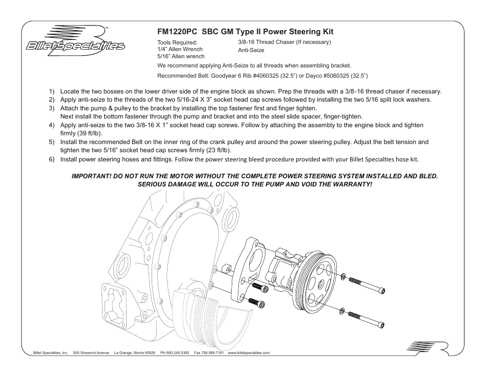 Billet Specialties FM1220PC SBC GM Type II Power Steering User Manual | 1 page