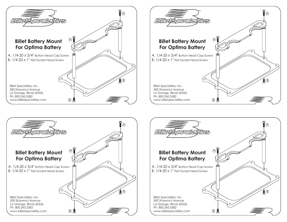 Billet Specialties Battery Mount - Optima User Manual | 1 page