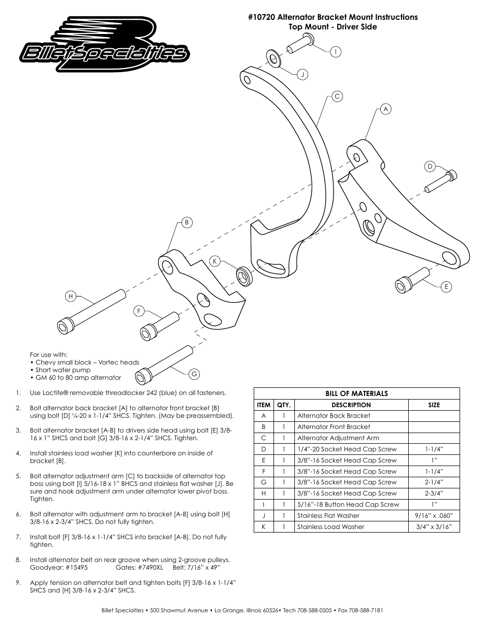 Billet Specialties 10720 Alternator Bracket User Manual | 1 page